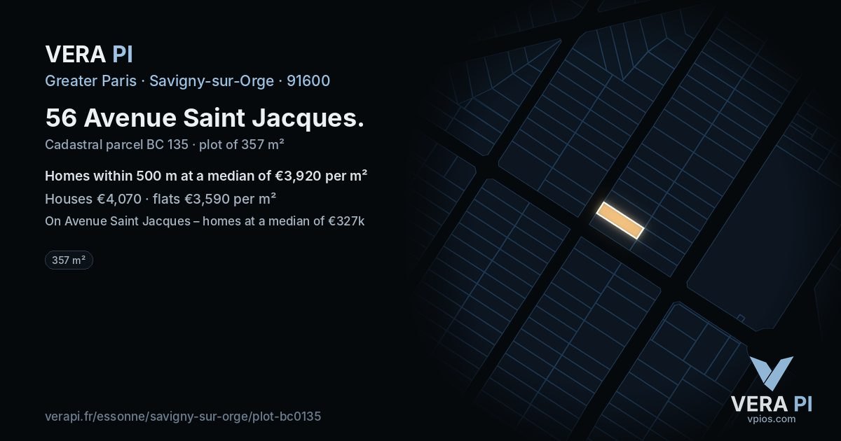 56 Avenue Saint Jacques, Savigny-sur-Orge at night – the plot lit, the parcels around coloured by the prices near them