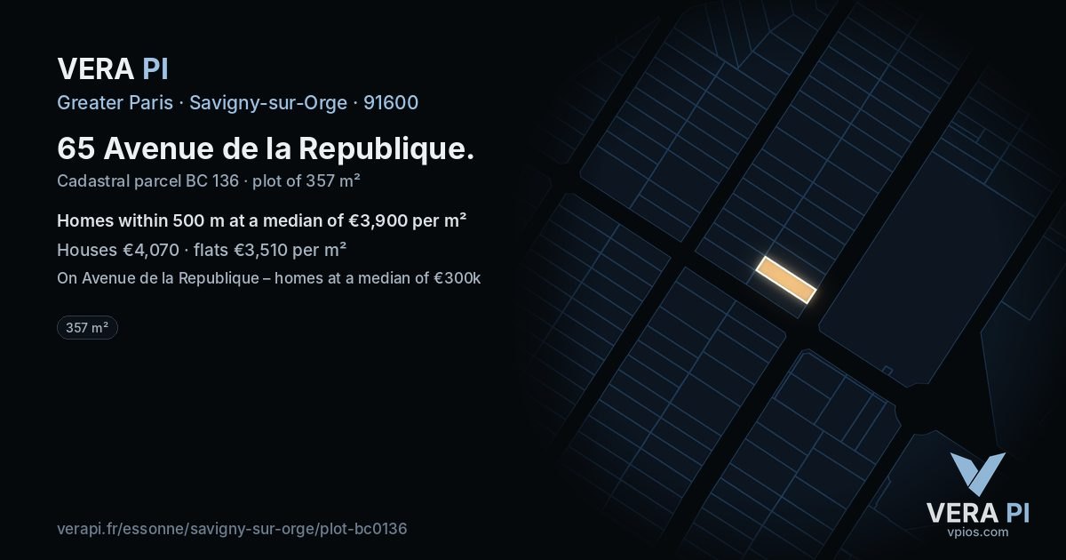 65 Avenue de la Republique, Savigny-sur-Orge at night – the plot lit, the parcels around coloured by the prices near them