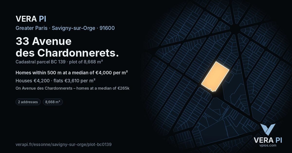 33 Avenue des Chardonnerets, Savigny-sur-Orge at night – the plot lit, the parcels around coloured by the prices near them