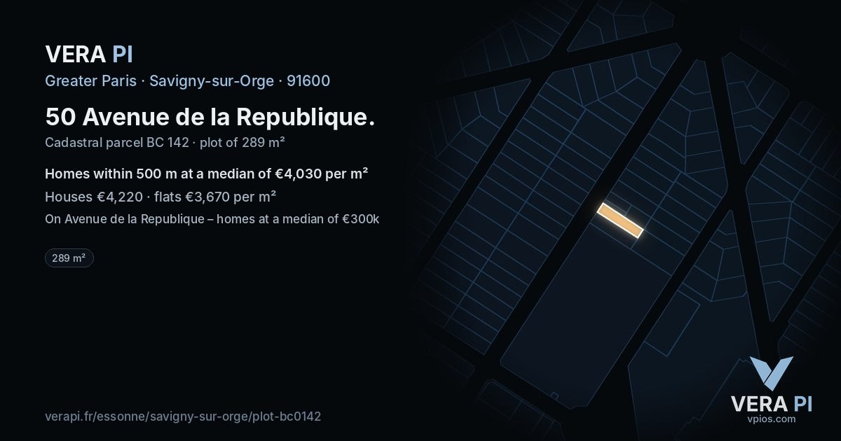 50 Avenue de la Republique, Savigny-sur-Orge at night – the plot lit, the parcels around coloured by the prices near them
