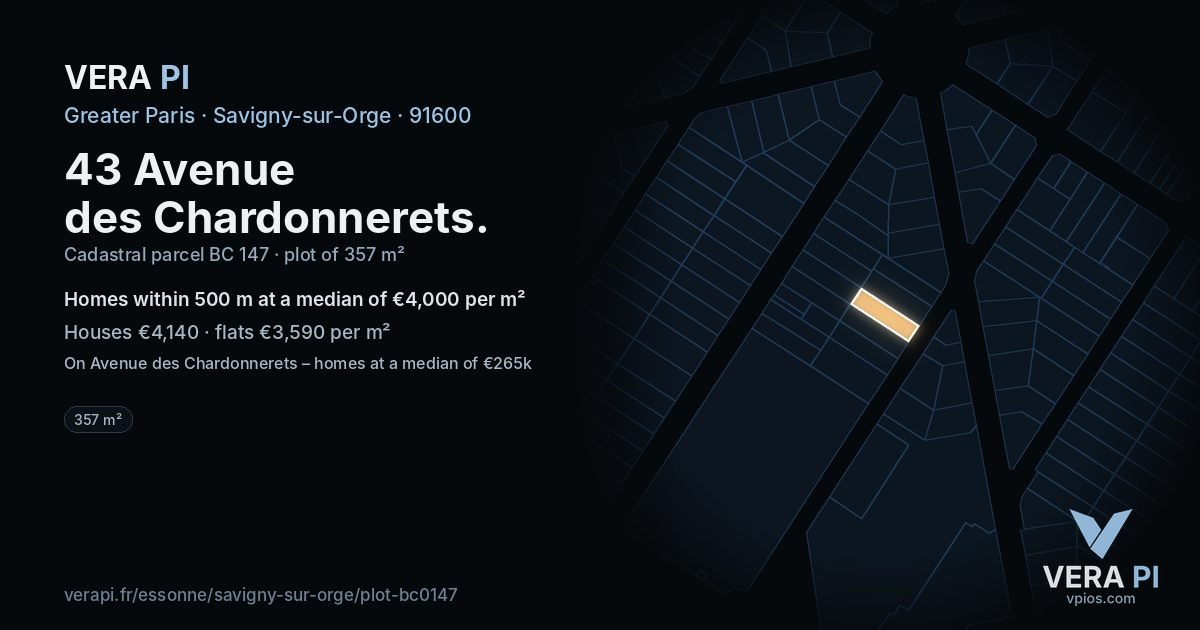 43 Avenue des Chardonnerets, Savigny-sur-Orge at night – the plot lit, the parcels around coloured by the prices near them