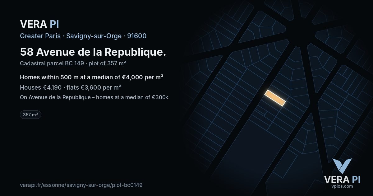 58 Avenue de la Republique, Savigny-sur-Orge at night – the plot lit, the parcels around coloured by the prices near them