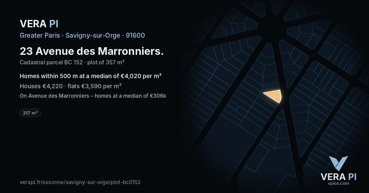 23 Avenue des Marronniers, Savigny-sur-Orge at night – the plot lit, the parcels around coloured by the prices near them