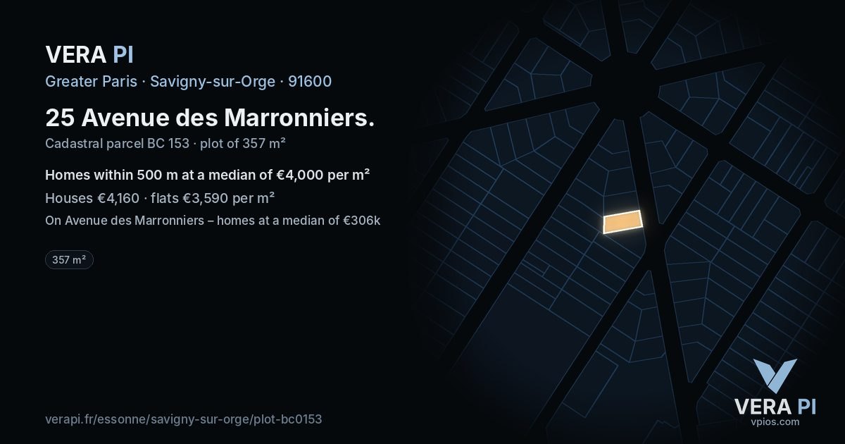 25 Avenue des Marronniers, Savigny-sur-Orge at night – the plot lit, the parcels around coloured by the prices near them