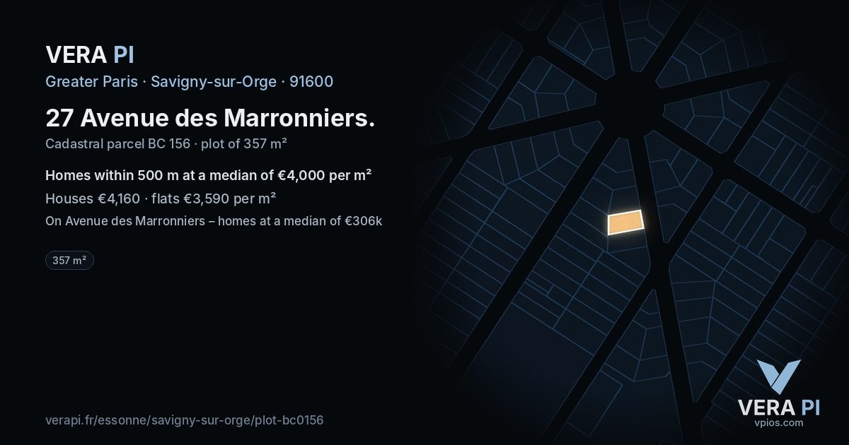 27 Avenue des Marronniers, Savigny-sur-Orge at night – the plot lit, the parcels around coloured by the prices near them