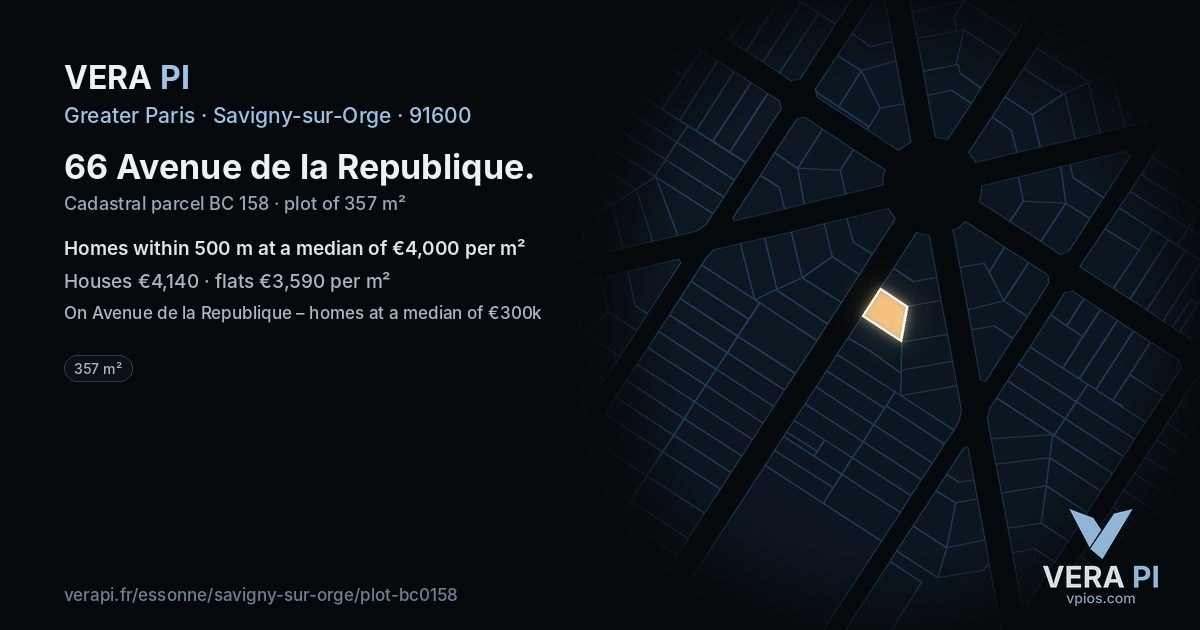 66 Avenue de la Republique, Savigny-sur-Orge at night – the plot lit, the parcels around coloured by the prices near them
