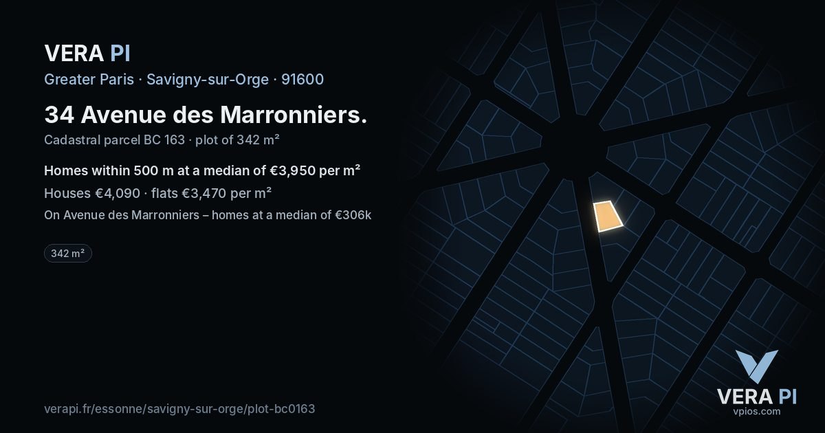 34 Avenue des Marronniers, Savigny-sur-Orge at night – the plot lit, the parcels around coloured by the prices near them
