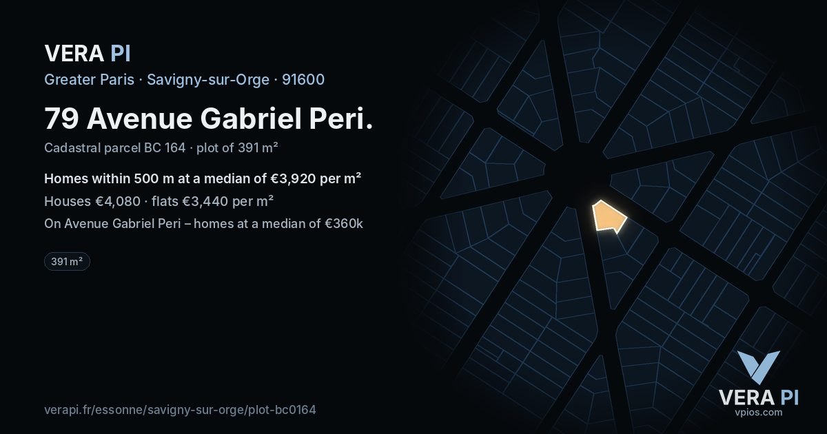 79 Avenue Gabriel Peri, Savigny-sur-Orge at night – the plot lit, the parcels around coloured by the prices near them