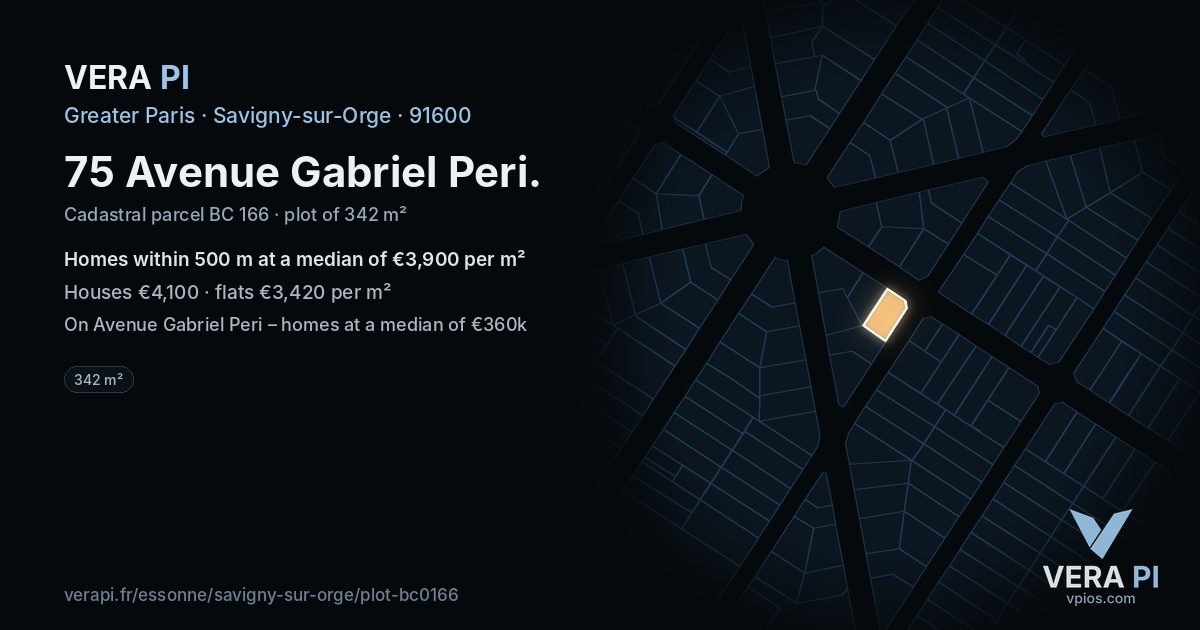 75 Avenue Gabriel Peri, Savigny-sur-Orge at night – the plot lit, the parcels around coloured by the prices near them