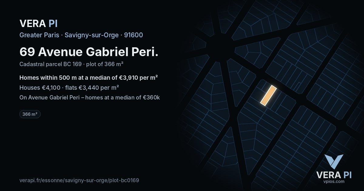 69 Avenue Gabriel Peri, Savigny-sur-Orge at night – the plot lit, the parcels around coloured by the prices near them