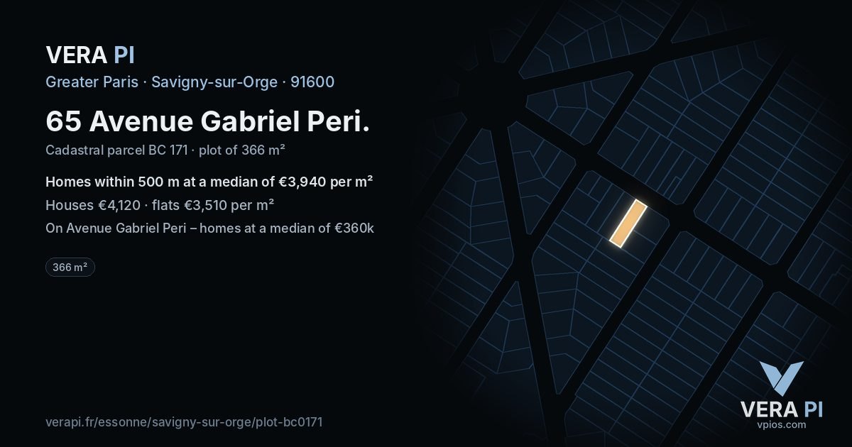 65 Avenue Gabriel Peri, Savigny-sur-Orge at night – the plot lit, the parcels around coloured by the prices near them