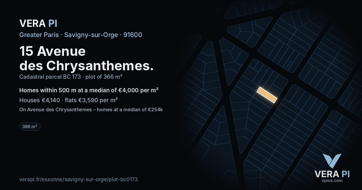 15 Avenue des Chrysanthemes, Savigny-sur-Orge at night – the plot lit, the parcels around coloured by the prices near them