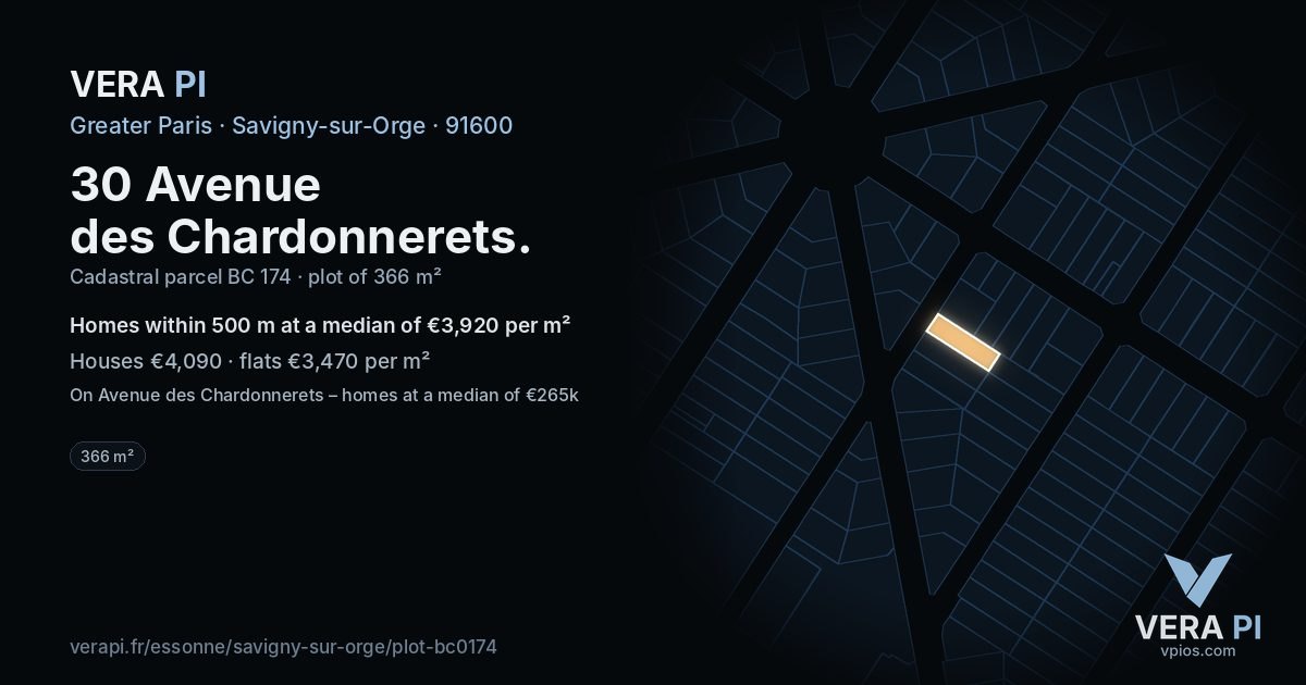 30 Avenue des Chardonnerets, Savigny-sur-Orge at night – the plot lit, the parcels around coloured by the prices near them