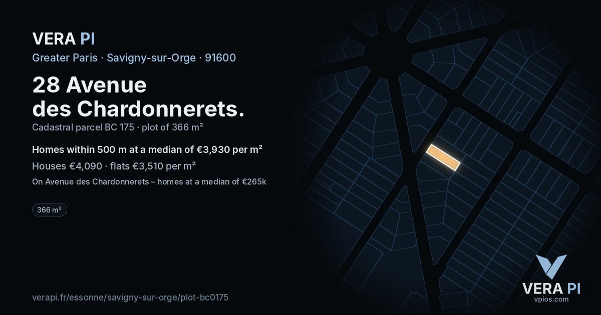 28 Avenue des Chardonnerets, Savigny-sur-Orge at night – the plot lit, the parcels around coloured by the prices near them