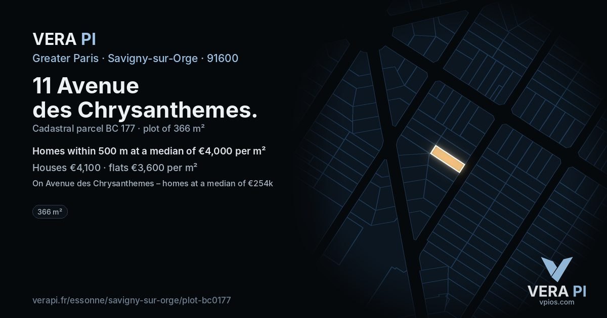 11 Avenue des Chrysanthemes, Savigny-sur-Orge at night – the plot lit, the parcels around coloured by the prices near them