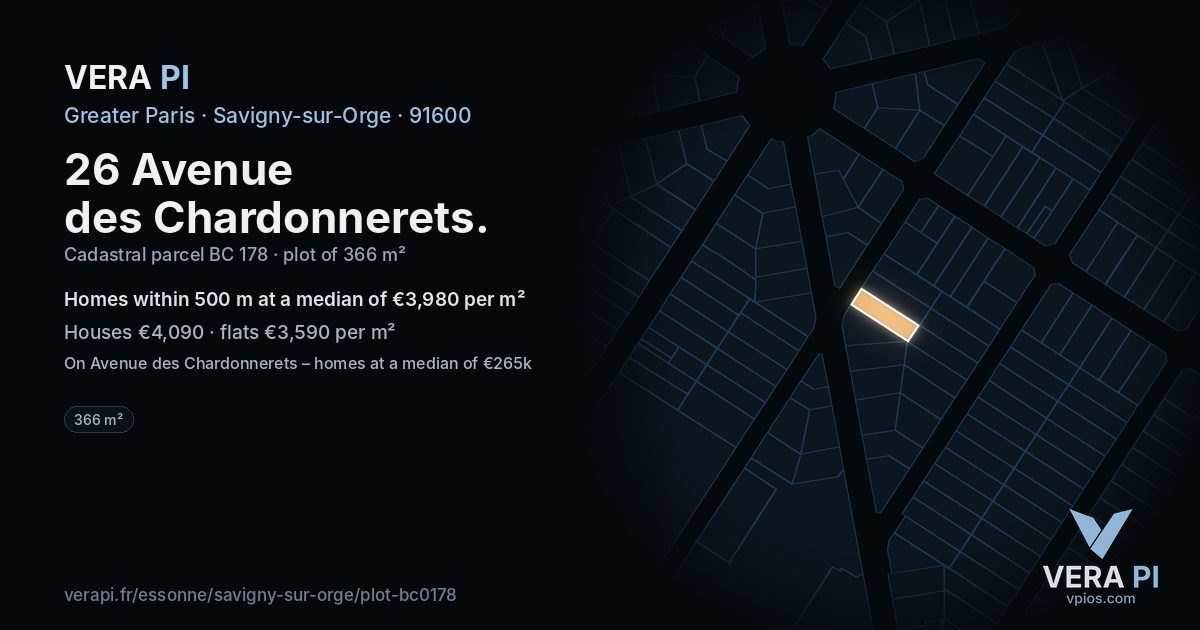 26 Avenue des Chardonnerets, Savigny-sur-Orge at night – the plot lit, the parcels around coloured by the prices near them