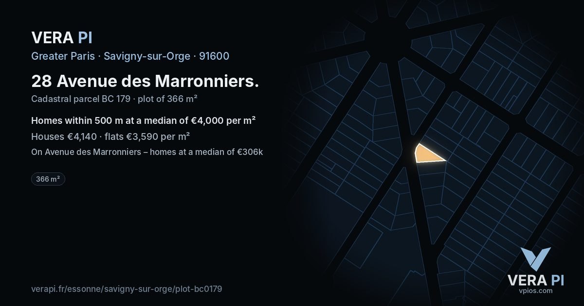 28 Avenue des Marronniers, Savigny-sur-Orge at night – the plot lit, the parcels around coloured by the prices near them