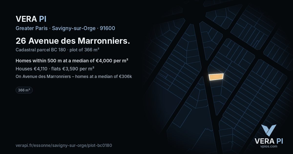 26 Avenue des Marronniers, Savigny-sur-Orge at night – the plot lit, the parcels around coloured by the prices near them