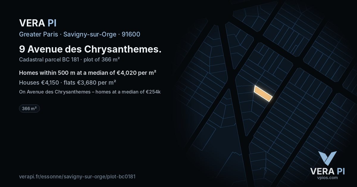 9 Avenue des Chrysanthemes, Savigny-sur-Orge at night – the plot lit, the parcels around coloured by the prices near them