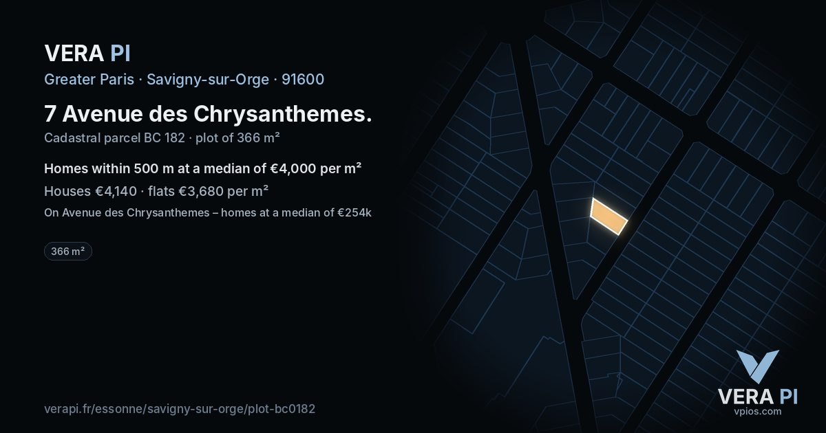 7 Avenue des Chrysanthemes, Savigny-sur-Orge at night – the plot lit, the parcels around coloured by the prices near them