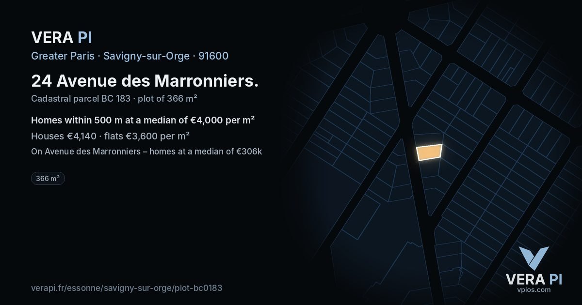 24 Avenue des Marronniers, Savigny-sur-Orge at night – the plot lit, the parcels around coloured by the prices near them