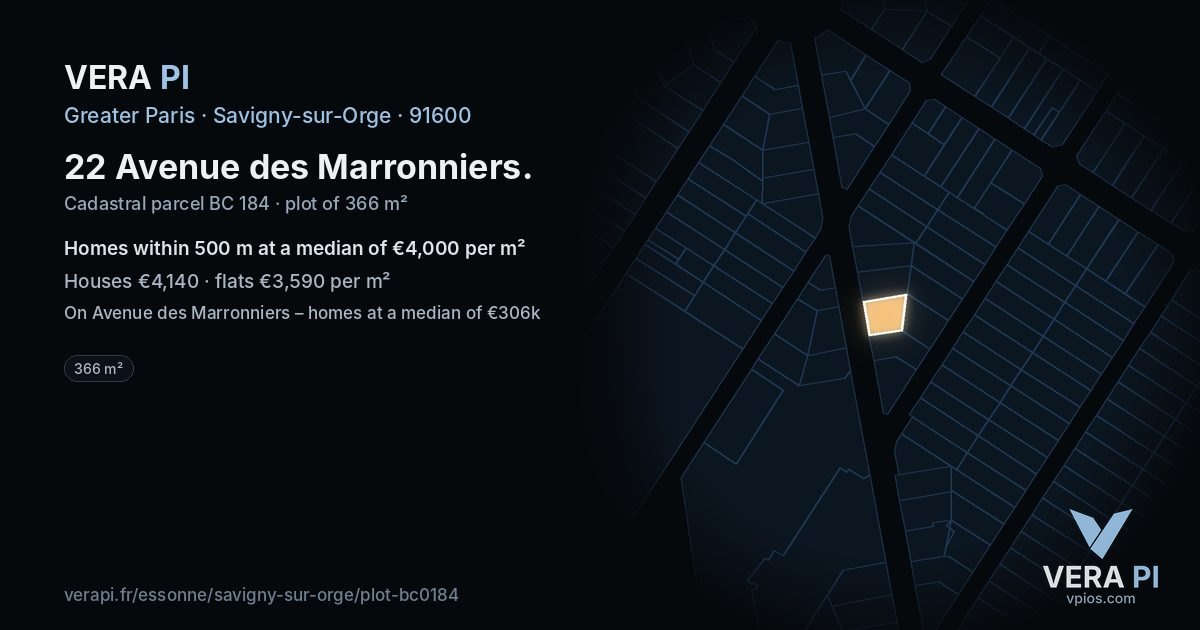 22 Avenue des Marronniers, Savigny-sur-Orge at night – the plot lit, the parcels around coloured by the prices near them