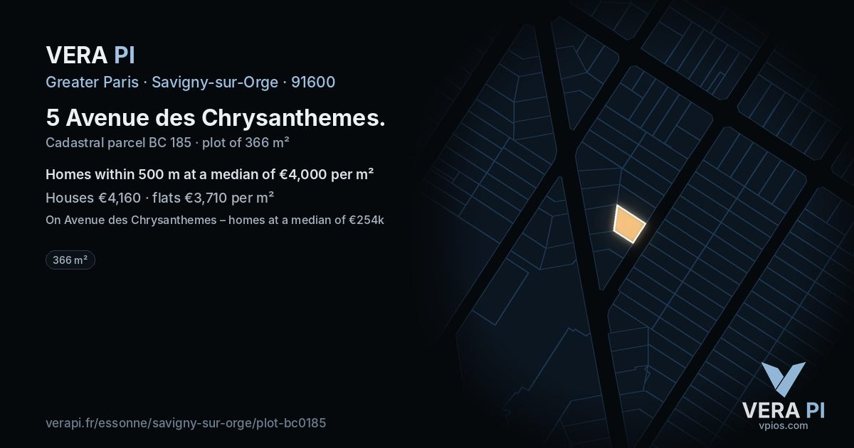 5 Avenue des Chrysanthemes, Savigny-sur-Orge at night – the plot lit, the parcels around coloured by the prices near them