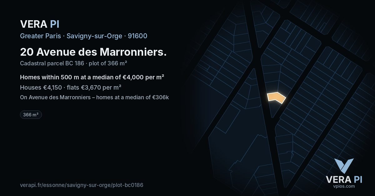 20 Avenue des Marronniers, Savigny-sur-Orge at night – the plot lit, the parcels around coloured by the prices near them