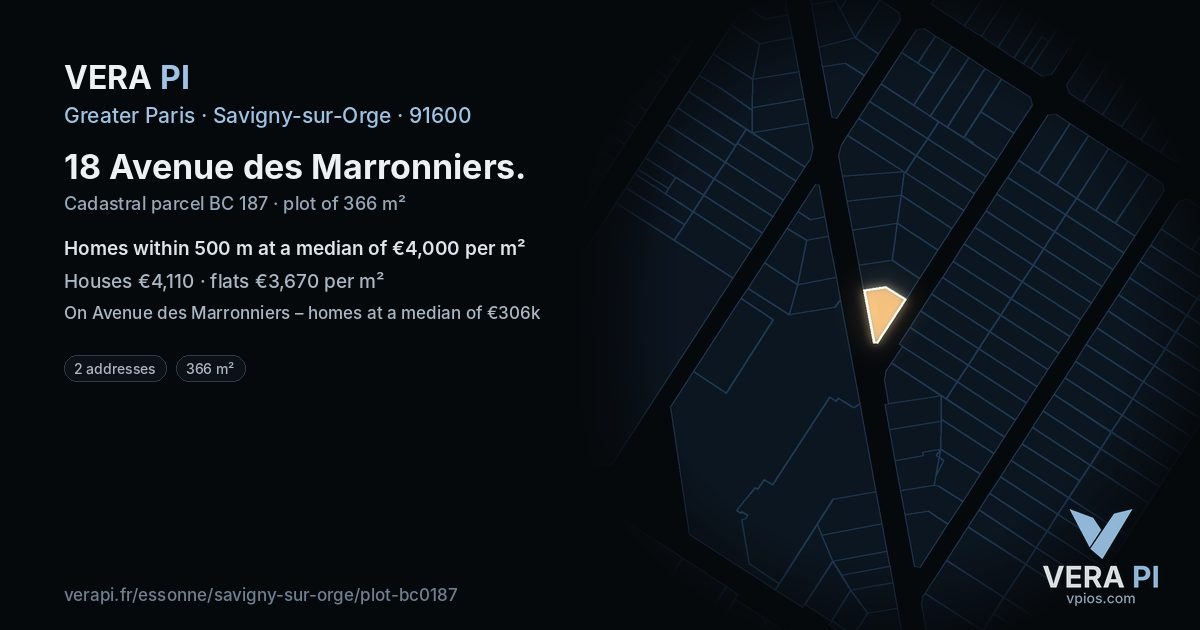 18 Avenue des Marronniers, Savigny-sur-Orge at night – the plot lit, the parcels around coloured by the prices near them