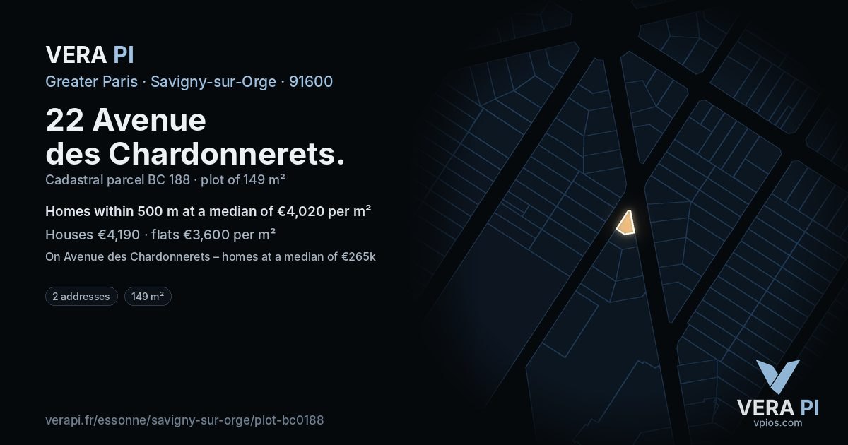 22 Avenue des Chardonnerets, Savigny-sur-Orge at night – the plot lit, the parcels around coloured by the prices near them