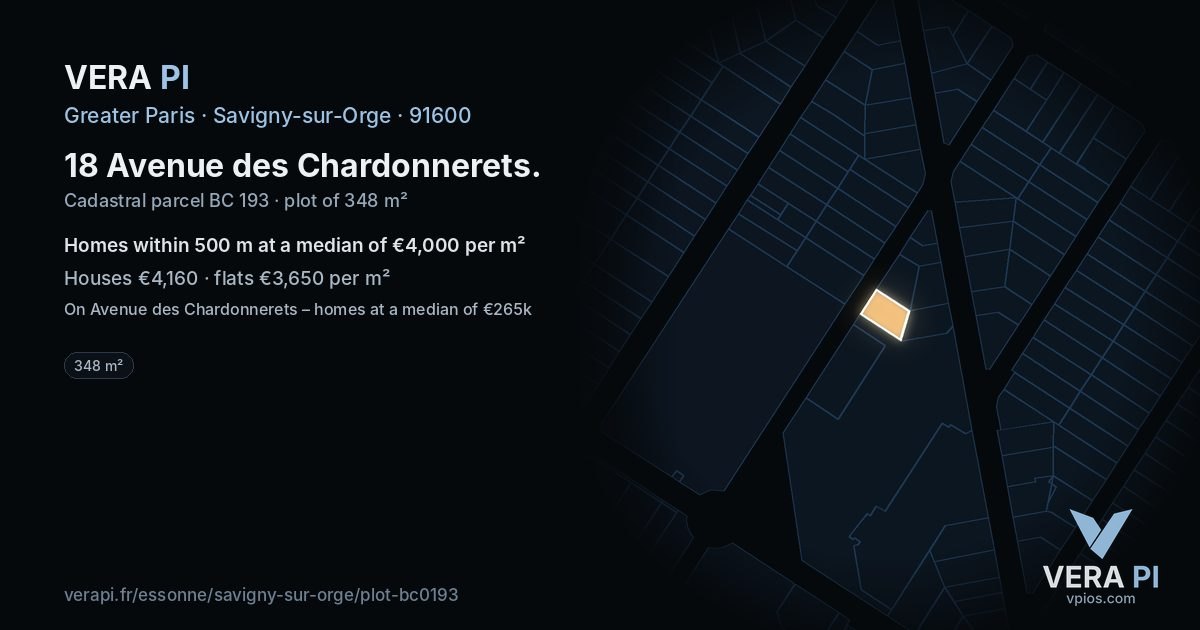 18 Avenue des Chardonnerets, Savigny-sur-Orge at night – the plot lit, the parcels around coloured by the prices near them
