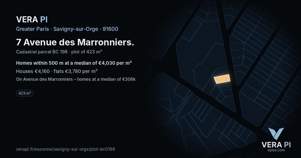 7 Avenue des Marronniers, Savigny-sur-Orge at night – the plot lit, the parcels around coloured by the prices near them