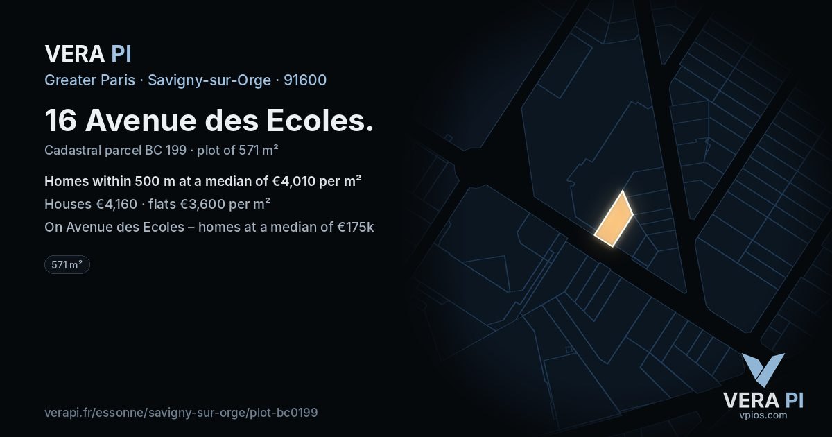 16 Avenue des Ecoles, Savigny-sur-Orge at night – the plot lit, the parcels around coloured by the prices near them
