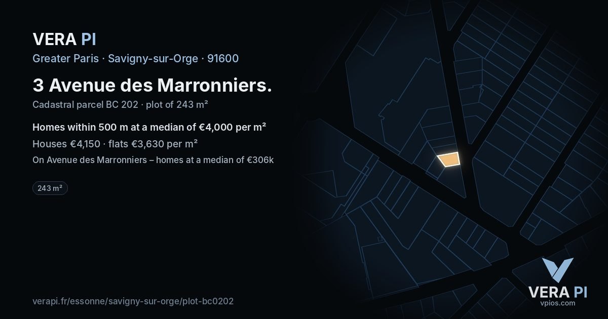 3 Avenue des Marronniers, Savigny-sur-Orge at night – the plot lit, the parcels around coloured by the prices near them