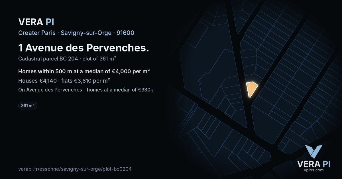 1 Avenue des Pervenches, Savigny-sur-Orge at night – the plot lit, the parcels around coloured by the prices near them
