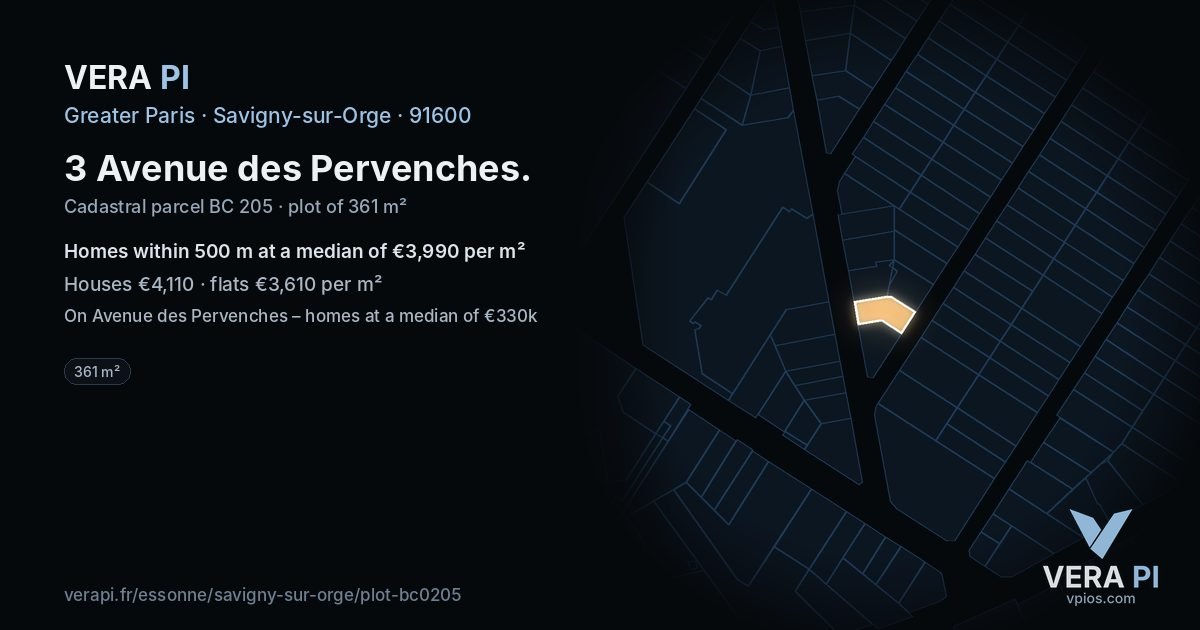 3 Avenue des Pervenches, Savigny-sur-Orge at night – the plot lit, the parcels around coloured by the prices near them
