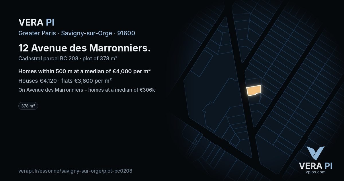 12 Avenue des Marronniers, Savigny-sur-Orge at night – the plot lit, the parcels around coloured by the prices near them