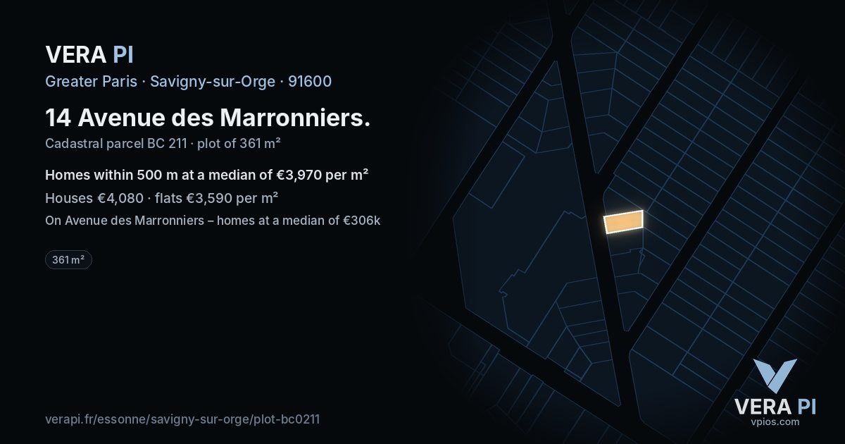 14 Avenue des Marronniers, Savigny-sur-Orge at night – the plot lit, the parcels around coloured by the prices near them