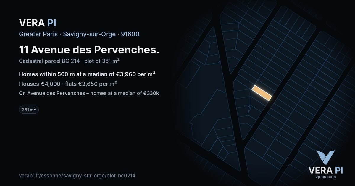 11 Avenue des Pervenches, Savigny-sur-Orge at night – the plot lit, the parcels around coloured by the prices near them