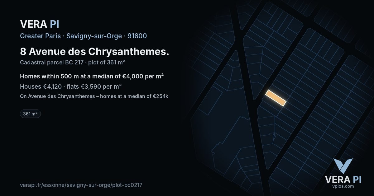 8 Avenue des Chrysanthemes, Savigny-sur-Orge at night – the plot lit, the parcels around coloured by the prices near them