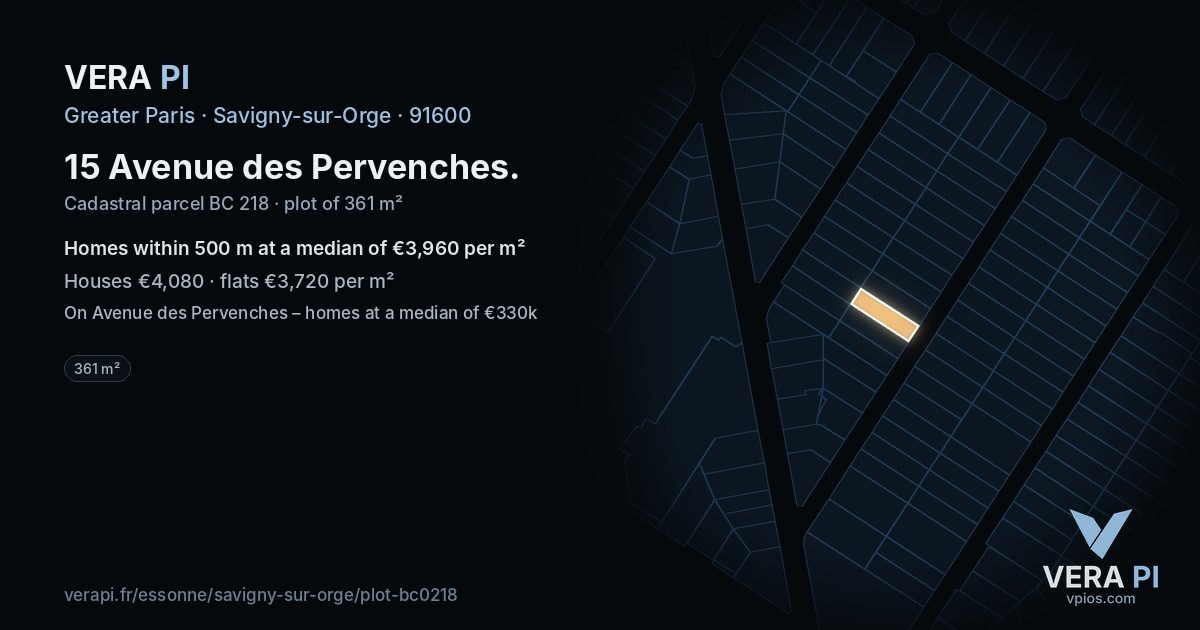 15 Avenue des Pervenches, Savigny-sur-Orge at night – the plot lit, the parcels around coloured by the prices near them