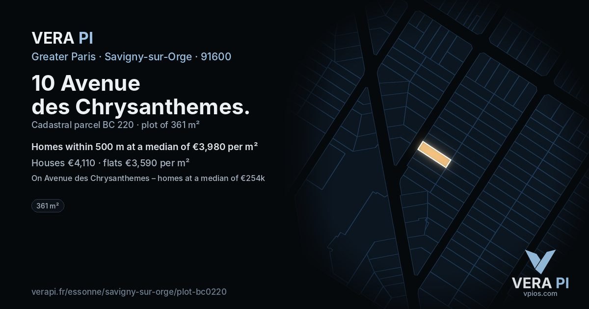10 Avenue des Chrysanthemes, Savigny-sur-Orge at night – the plot lit, the parcels around coloured by the prices near them