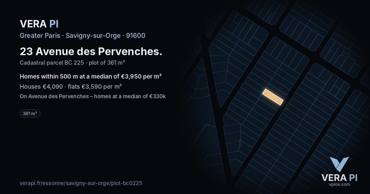 23 Avenue des Pervenches, Savigny-sur-Orge at night – the plot lit, the parcels around coloured by the prices near them