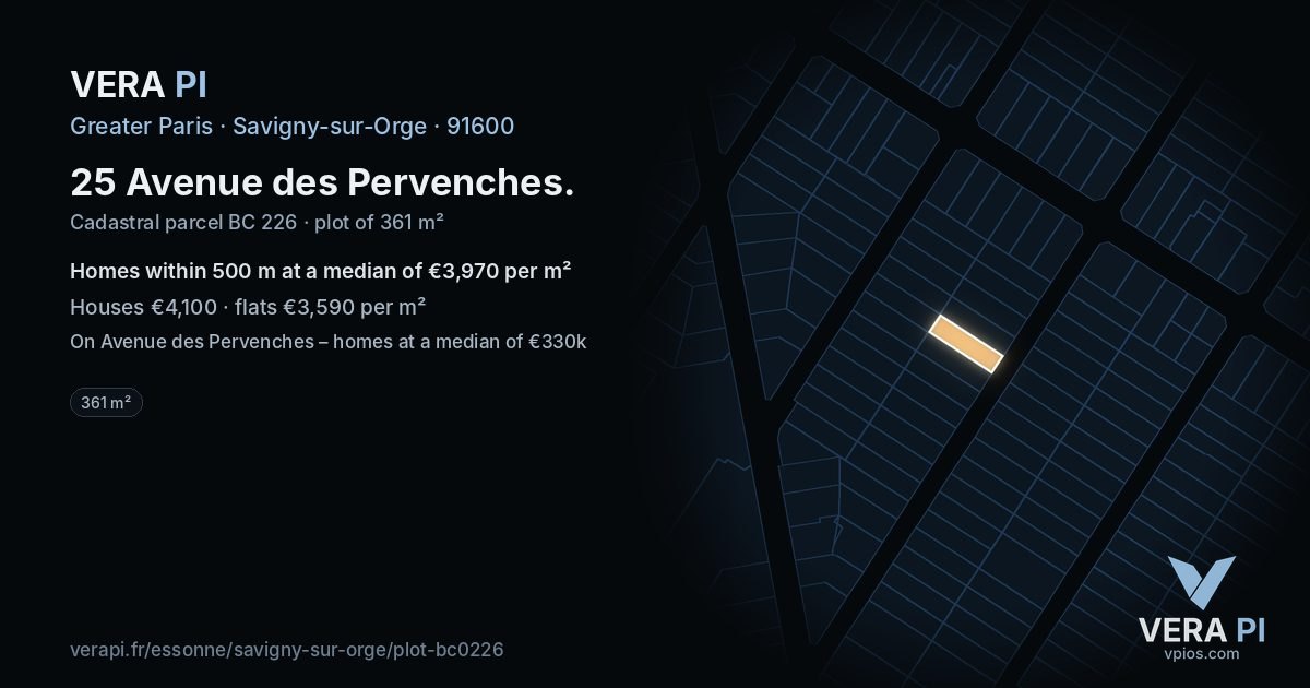 25 Avenue des Pervenches, Savigny-sur-Orge at night – the plot lit, the parcels around coloured by the prices near them
