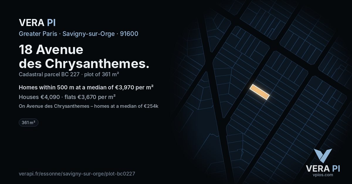18 Avenue des Chrysanthemes, Savigny-sur-Orge at night – the plot lit, the parcels around coloured by the prices near them