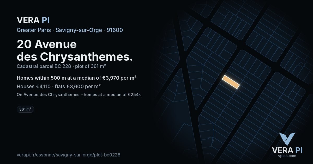 20 Avenue des Chrysanthemes, Savigny-sur-Orge at night – the plot lit, the parcels around coloured by the prices near them
