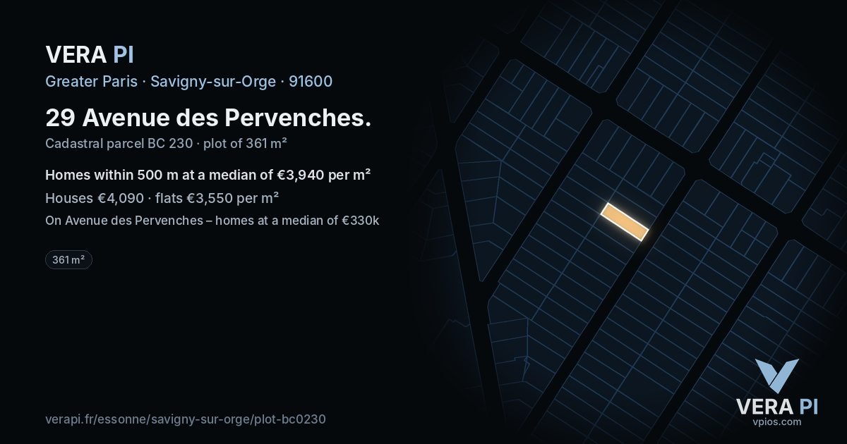 29 Avenue des Pervenches, Savigny-sur-Orge at night – the plot lit, the parcels around coloured by the prices near them