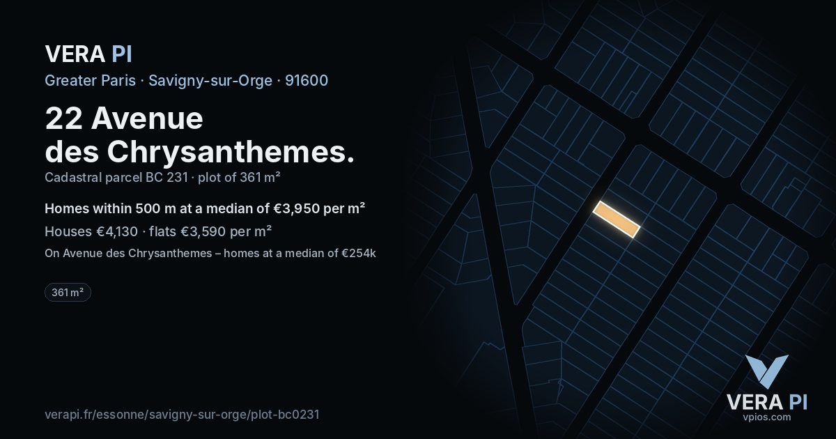 22 Avenue des Chrysanthemes, Savigny-sur-Orge at night – the plot lit, the parcels around coloured by the prices near them