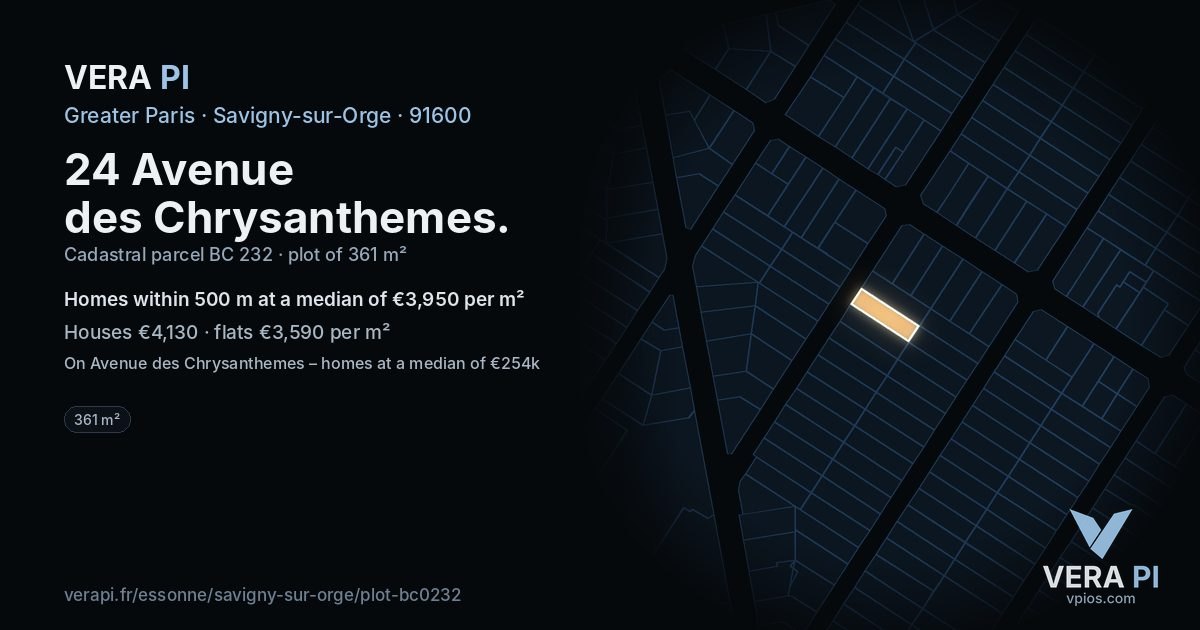 24 Avenue des Chrysanthemes, Savigny-sur-Orge at night – the plot lit, the parcels around coloured by the prices near them