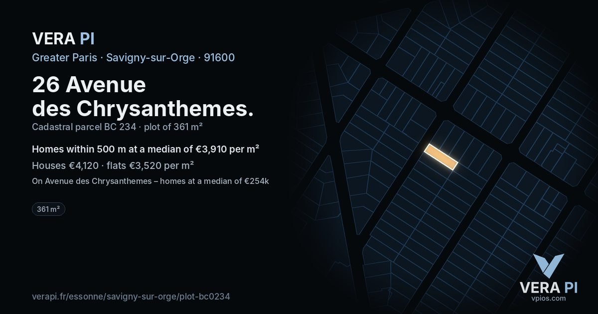 26 Avenue des Chrysanthemes, Savigny-sur-Orge at night – the plot lit, the parcels around coloured by the prices near them